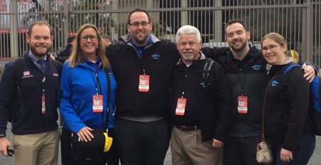 The Music Travel Team at the Rose Bowl. L to R Andrew Moran, Nancy Reichmann, Michael Gray, Chuck Kubly, Chris Forsythe and Vice Wielosinski.